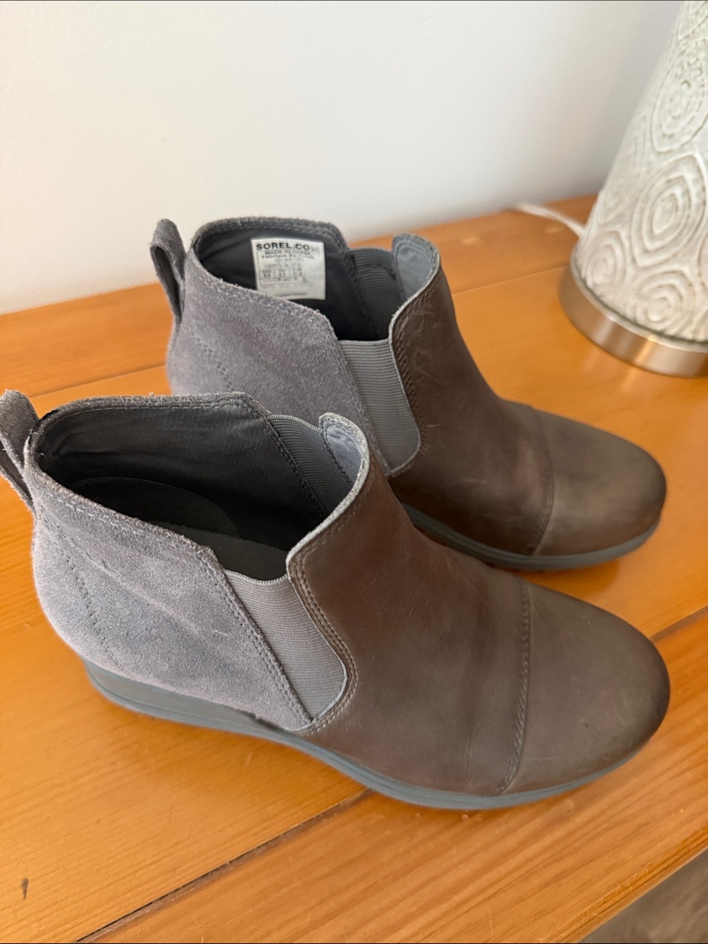Sorel Brown and Gray Chelsea Wedge Booties